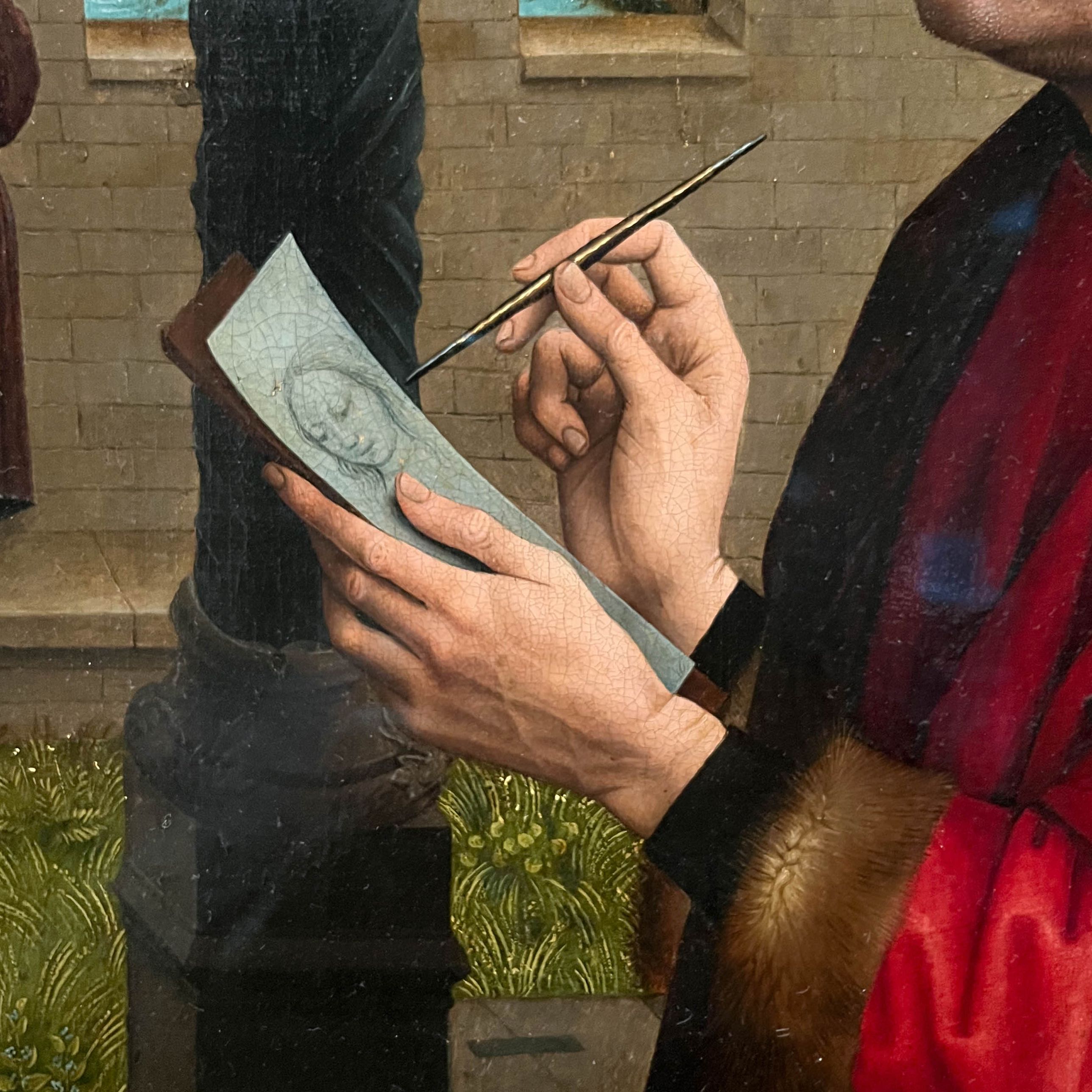 Détail de la main, Saint-Luc dessinant la Vierge, d’après Rogier van der Weyden, Musée Groeninge, Bruges