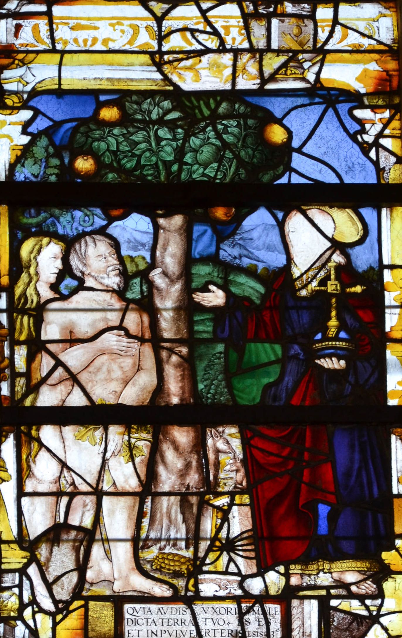 Adam et Ève, Vitrail du XVème siècle, Église de la Trinité, Vendôme