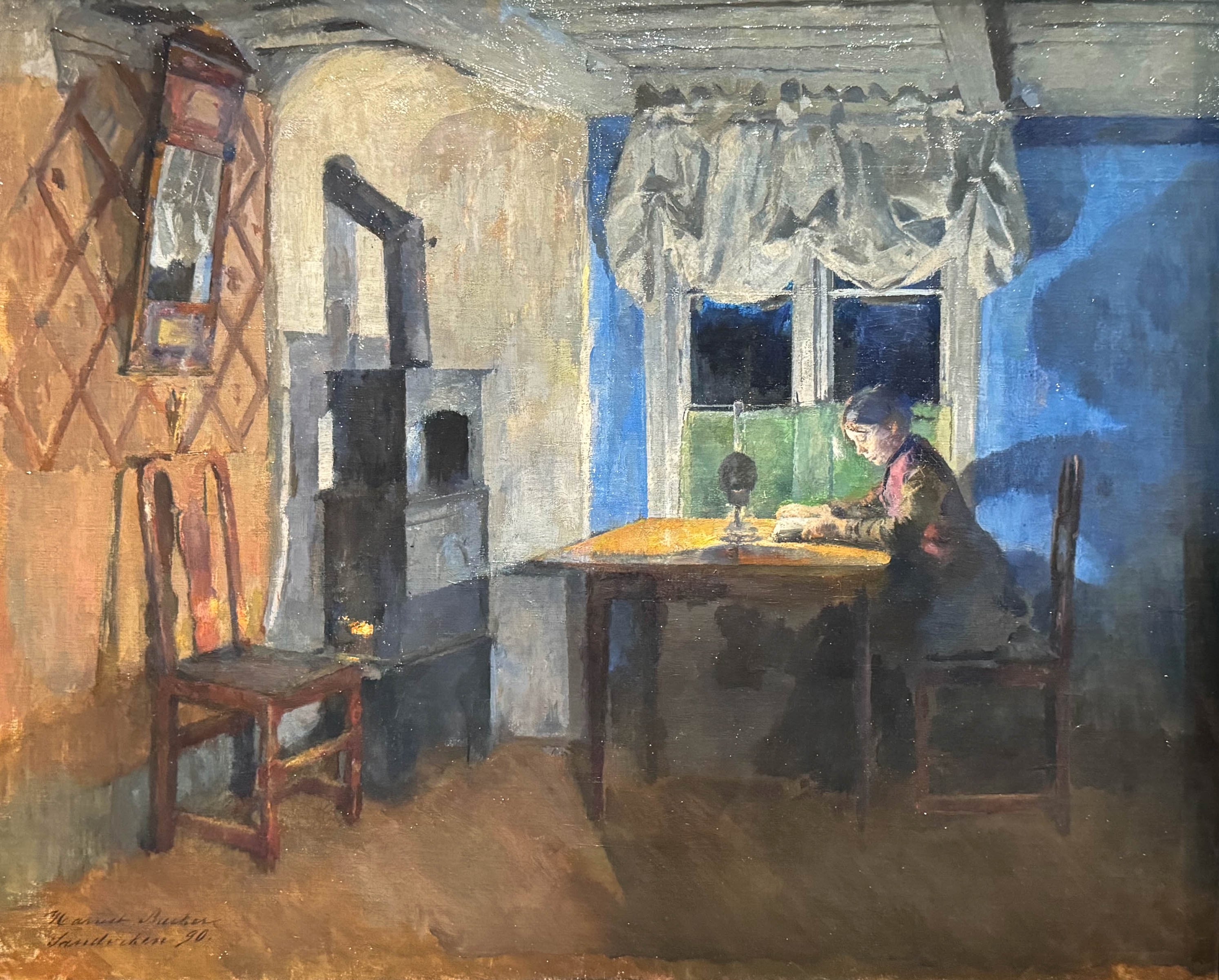 À la lumière de la lampe (1890), Harriet Backer, Bergen