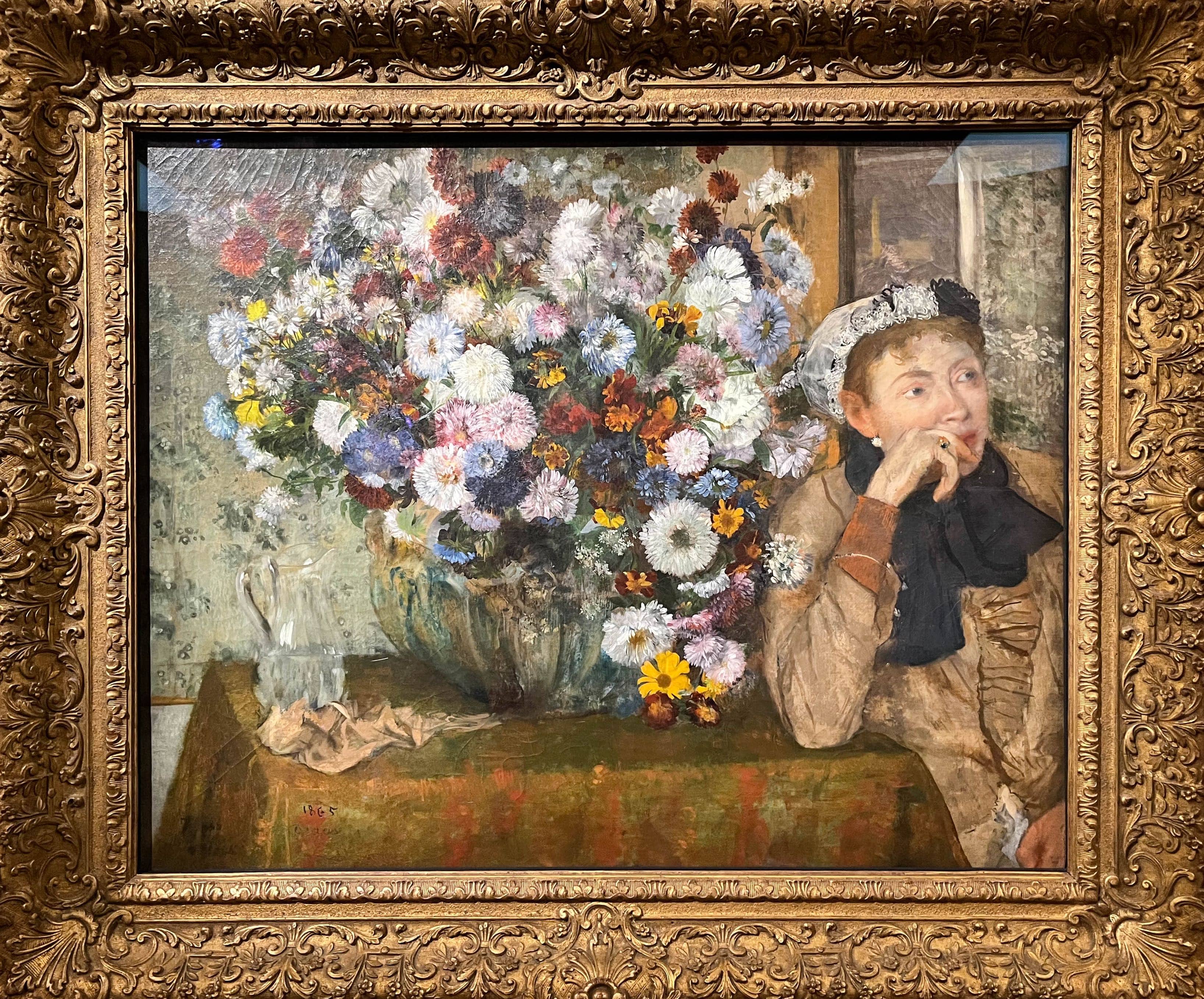 Femme accoudée près dans vase de fleurs (1865)